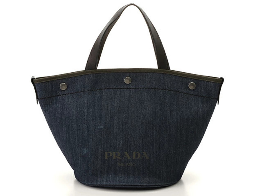 Prada tote bag denim leather blue Khaki Green